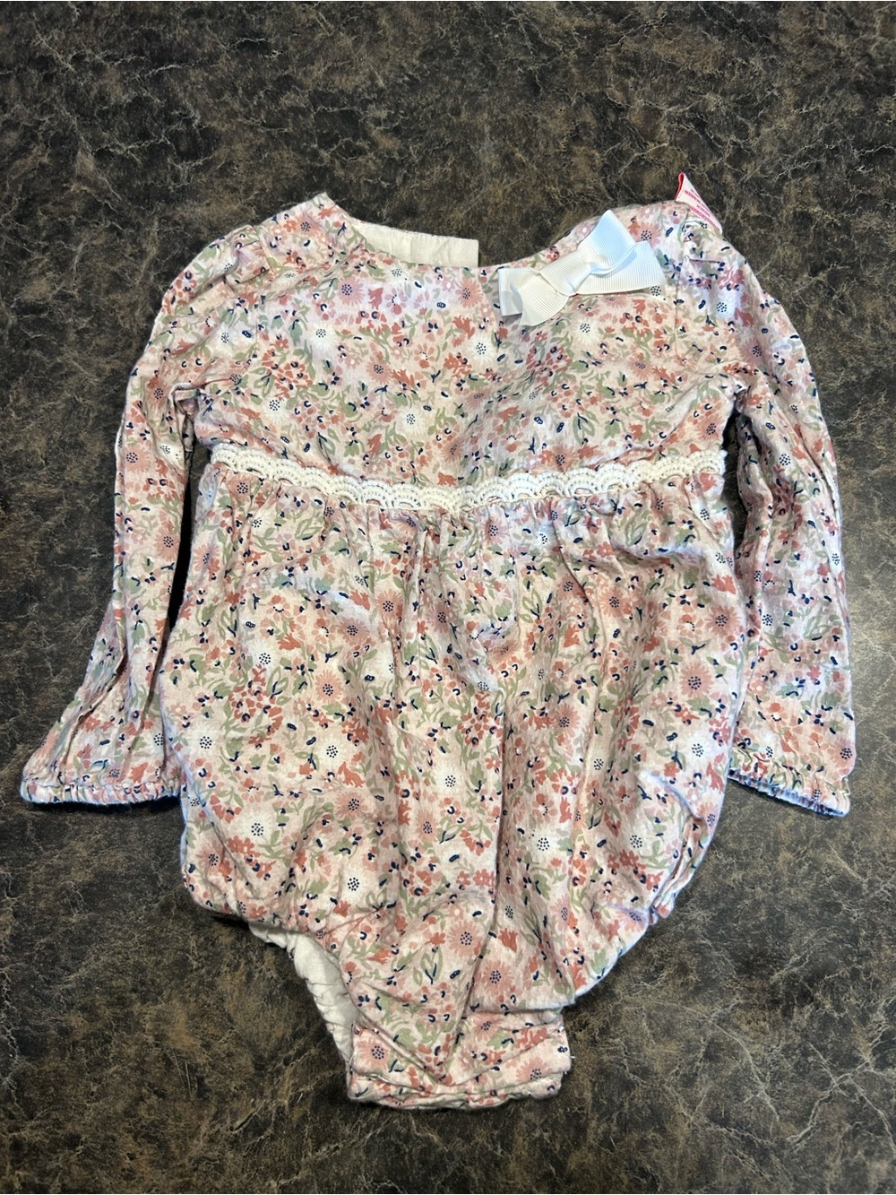 Tommy Bahama Pink Floral Lace-Trim Long-Sleeve Baby One-Piece